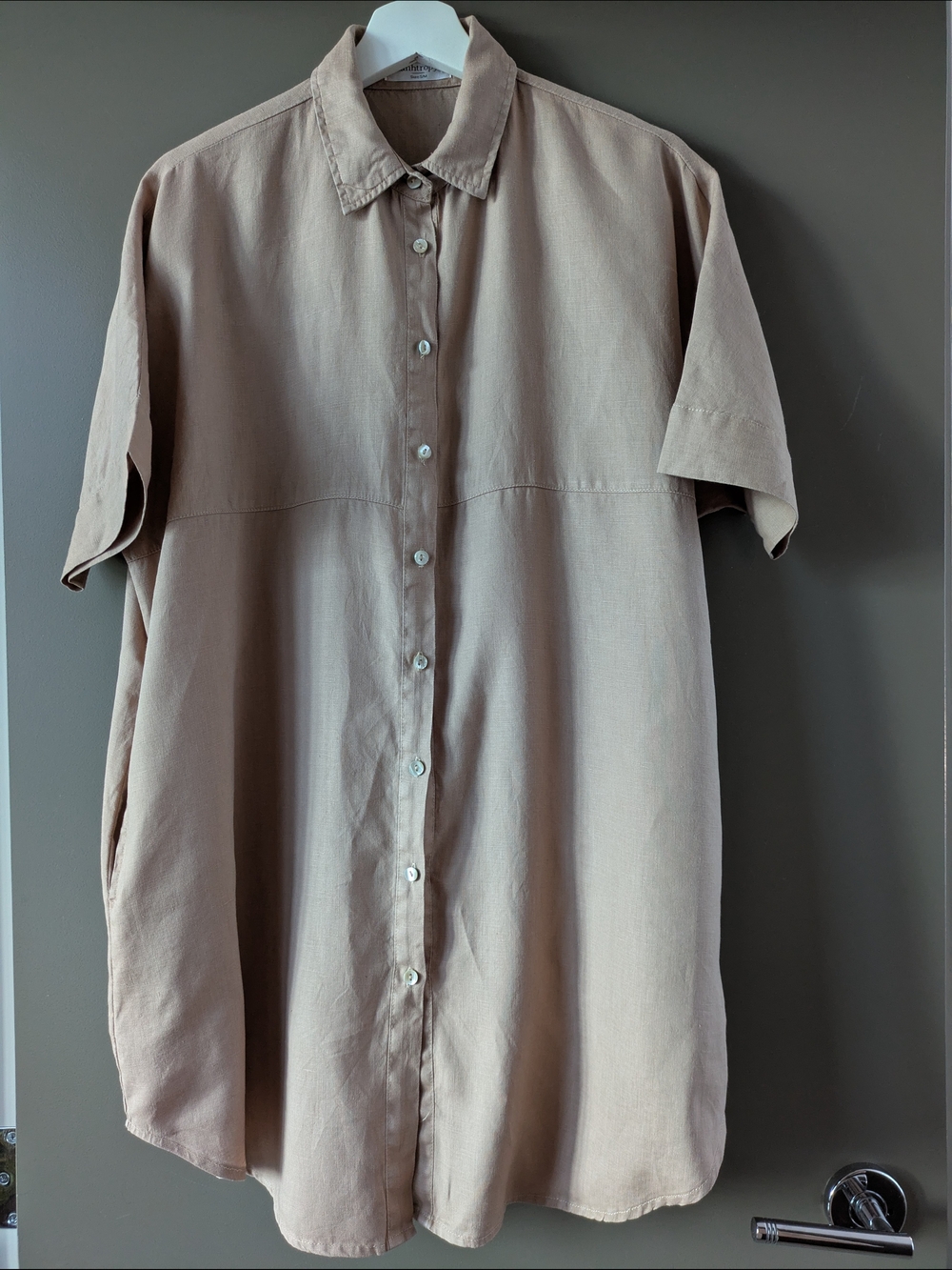 Lanhtropy Alba 100% Linen Shirt Dress Pockets Camel Tan S/M Oversized Pockets